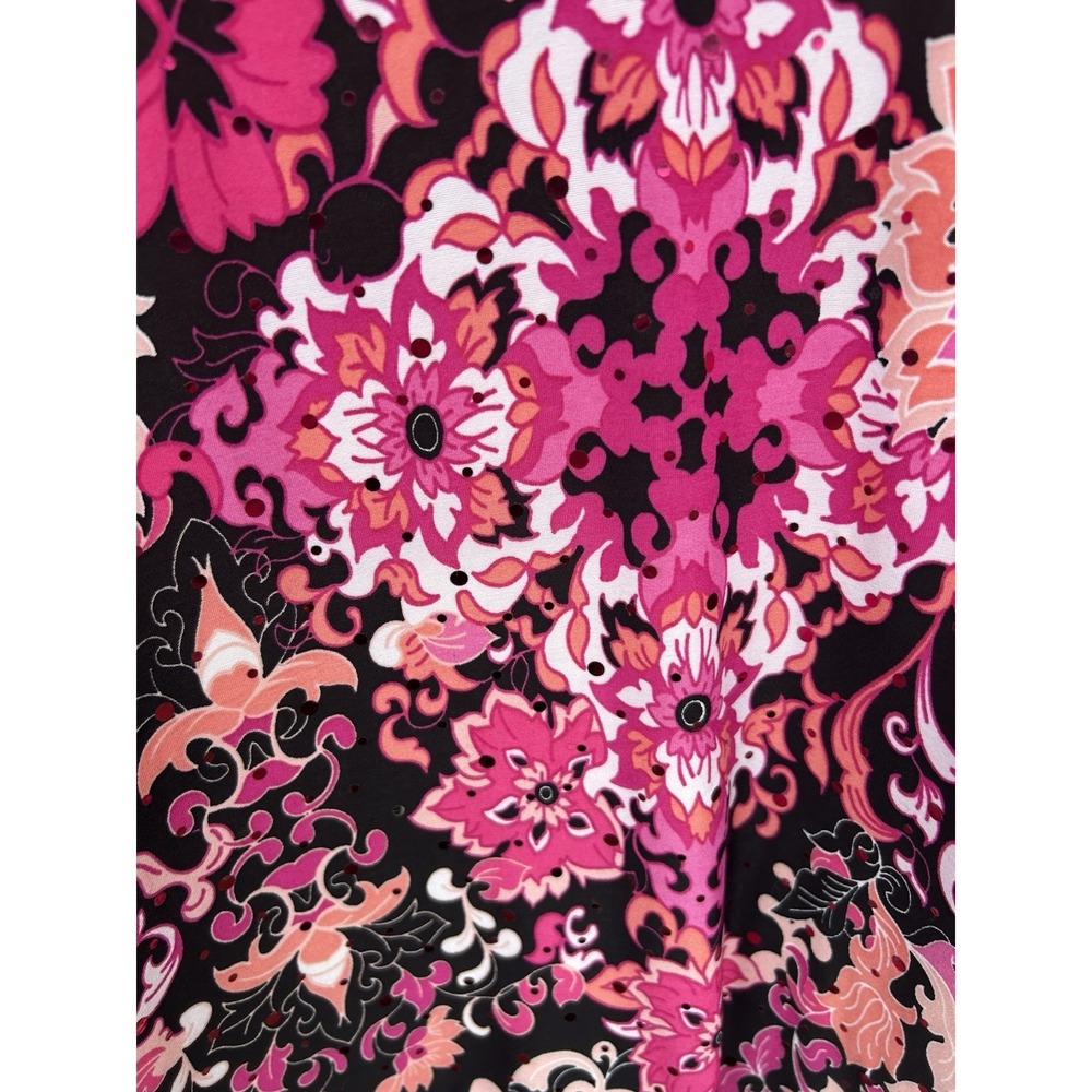 Emily Daniels XL Black Pink Floral Collared Sequin Button-Up 3/4 Sleeve Blouse - Picture 8 of 14